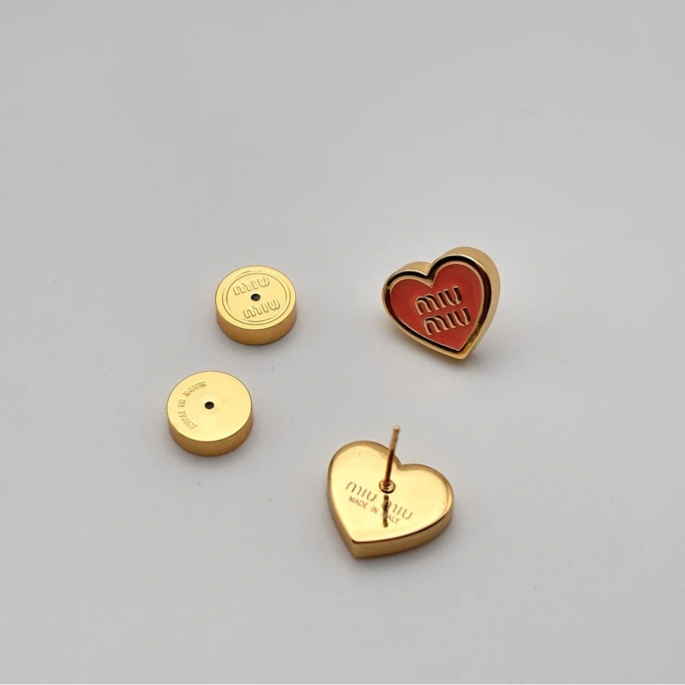Miu Miu Pink Heart Logo Enamel Gold-Tone Stud Earrings - Picture 5 of 5